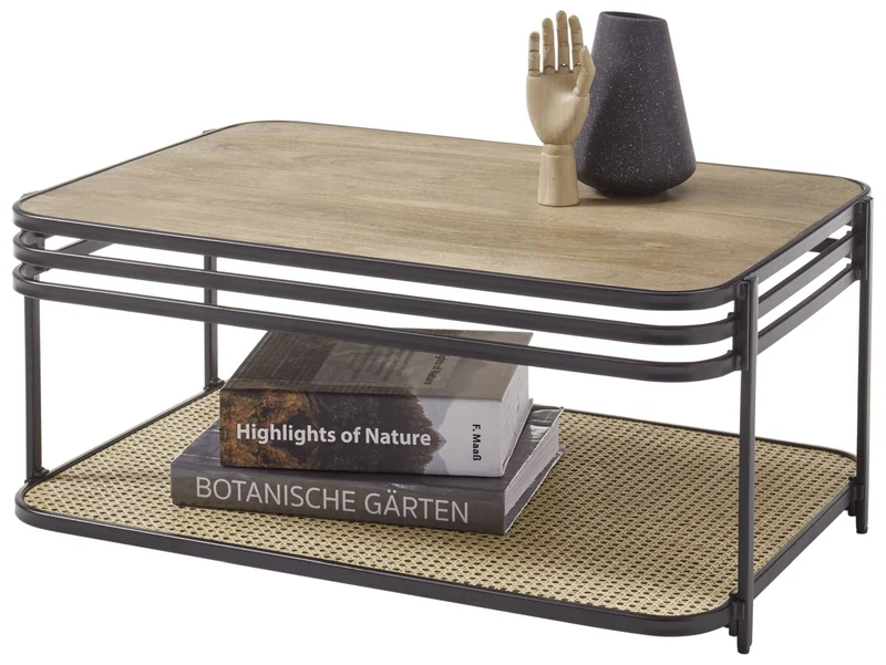 Couchtisch BOMI Platte aus Mangoholz, Metallgestell mit Geflecht