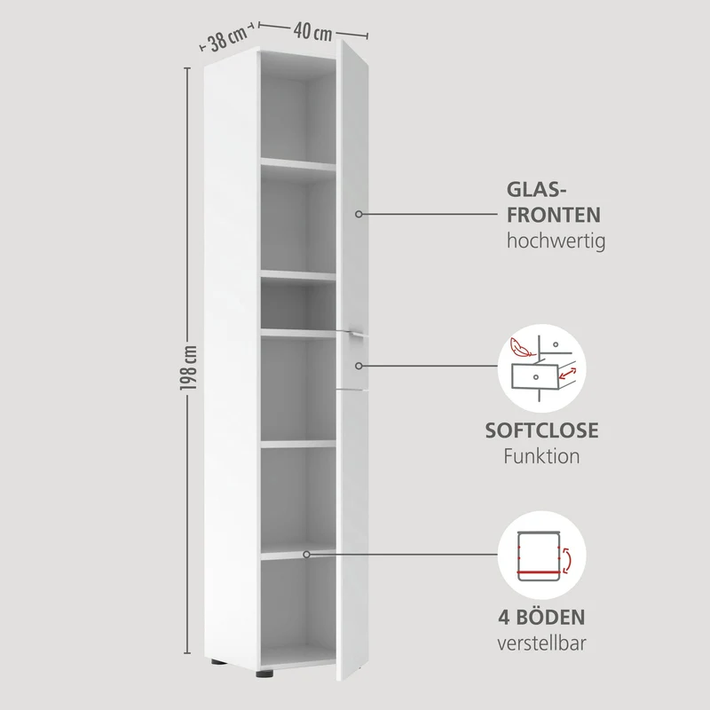 Aktenschrank SANTORIN Weiß & weißes Glas – schmal 40x198 cm