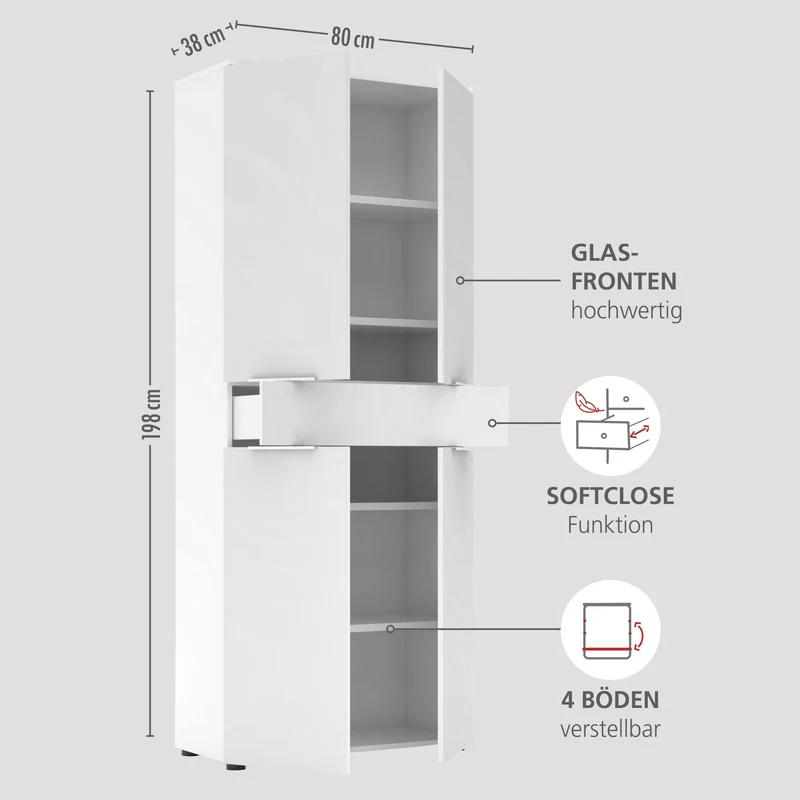 Büroschrank SANTORIN 80x198 cm Weiß & weißes Glas