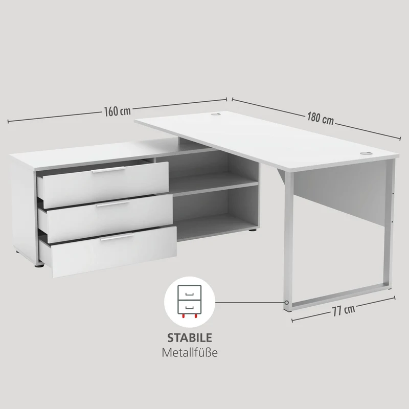 Winkel-Schreibtisch SANTORIN Weiß & weißem Glas 180 x 160 cm