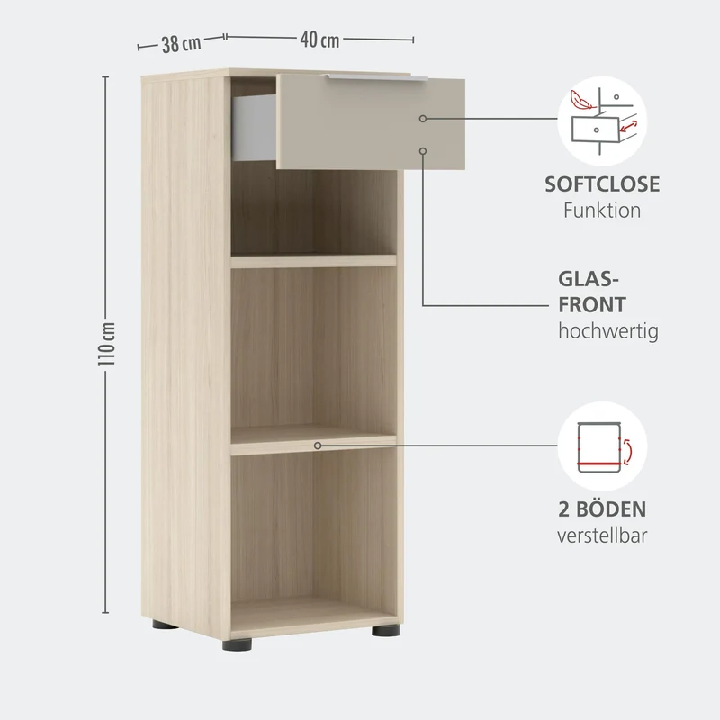 Büroregal SANTORIN 40 cm Riva Eiche & Glas Cashmere 110 cm Hoch