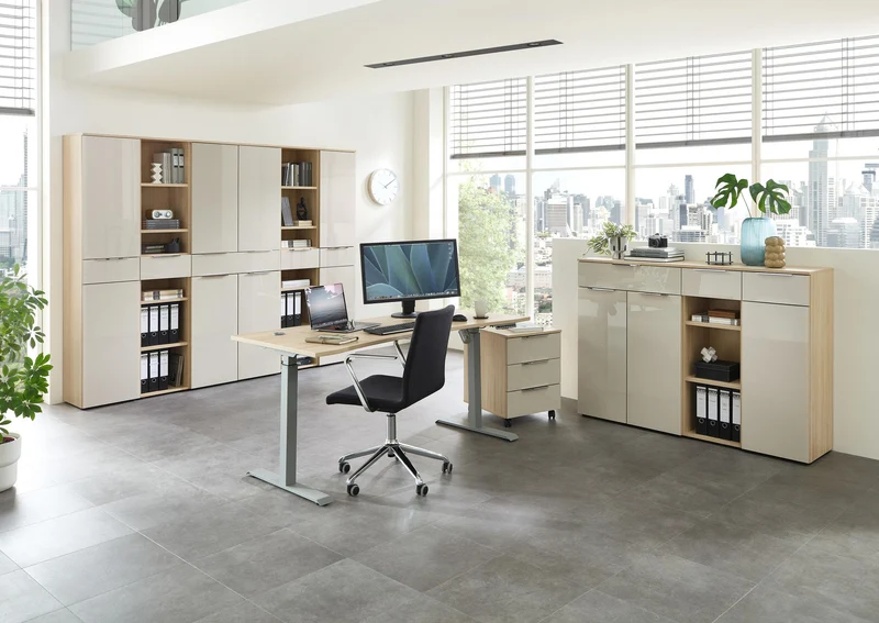 Büroregal SANTORIN 40 cm Riva Eiche & Glas Cashmere 110 cm Hoch
