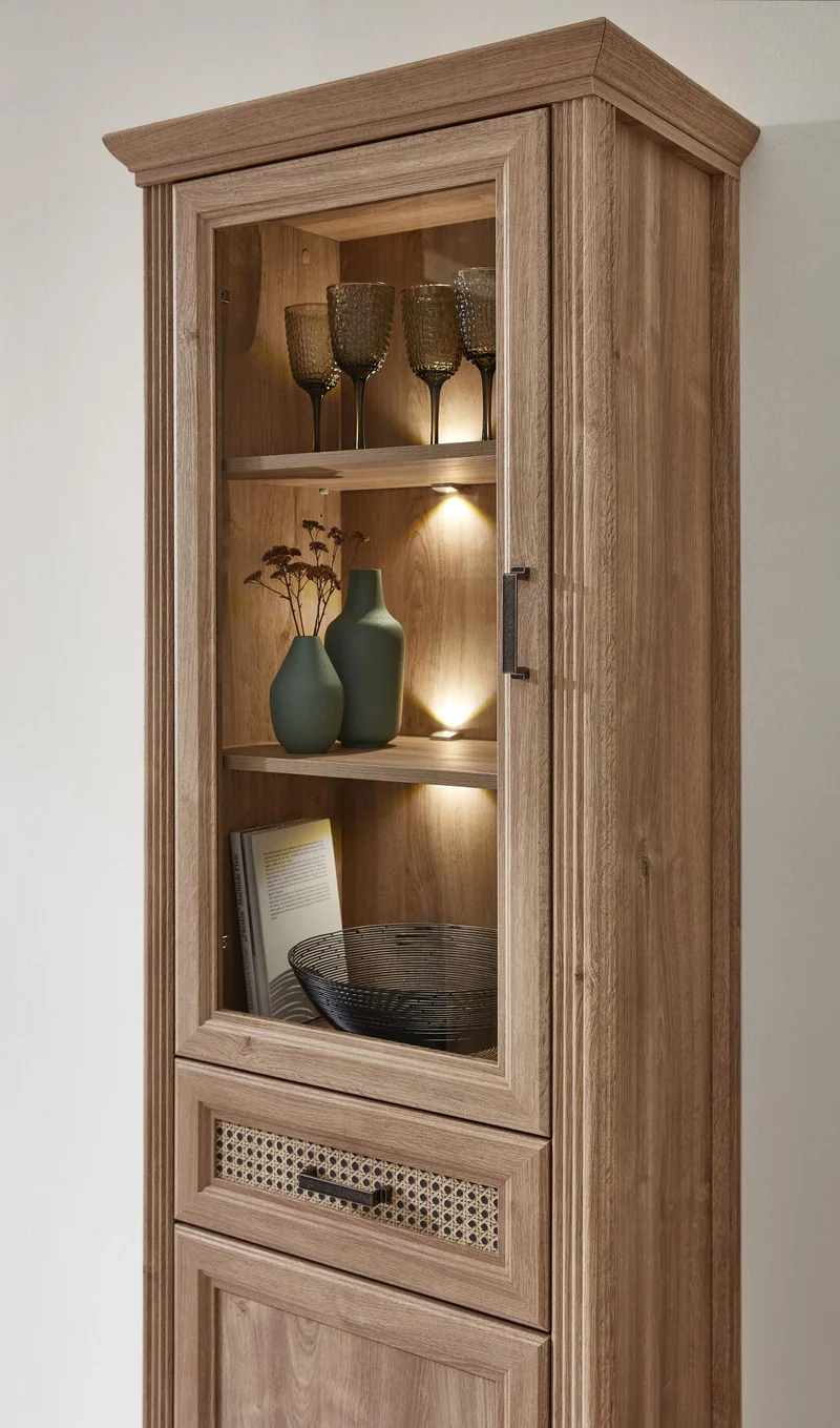 Vitrine VIENNA 1-türig - Landhausstil - Eiche und Wiener Geflecht