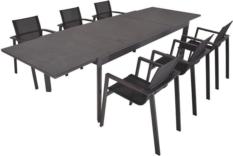 Garten Tischgruppe NEREA 7-tlg. Ausziehtisch und 6 × Stapelstuhl SOPHIA