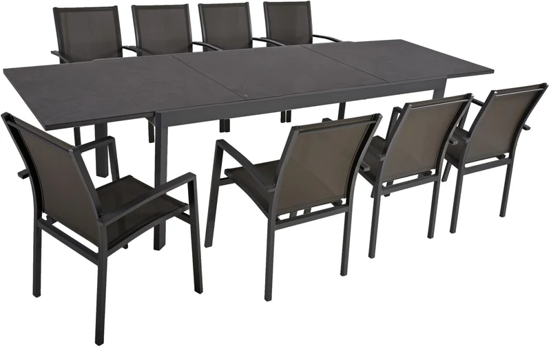 Garten Tischgruppe NEREA 9-tlg. Ausziehtisch und 8 × Stapelstuhl ELENA
