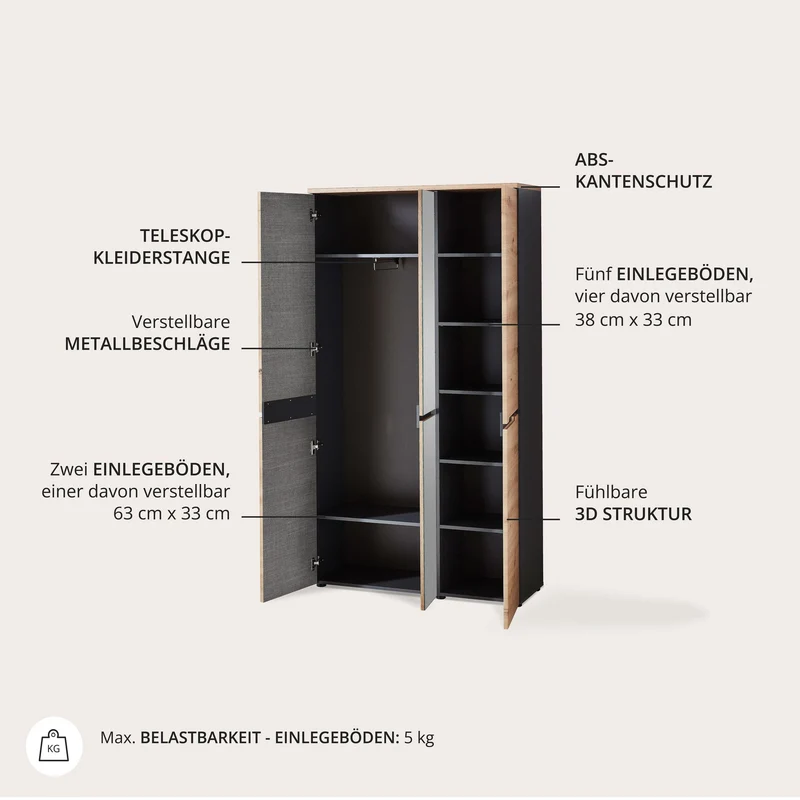 Dielenschrank Memphis 3-türig mit Spiegel Artisan Eiche Graphit