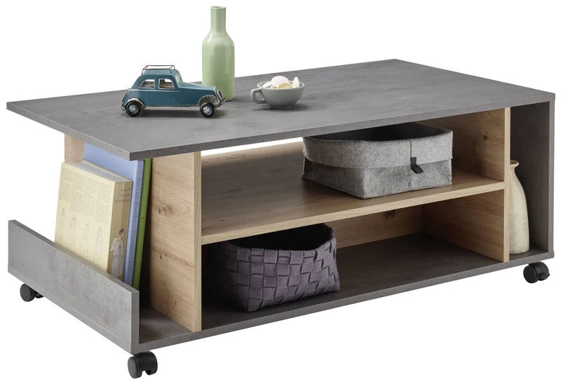 Couchtisch HARVEY 108 x 60 mit Rollen Optik: Betongrau / Artisan Eiche