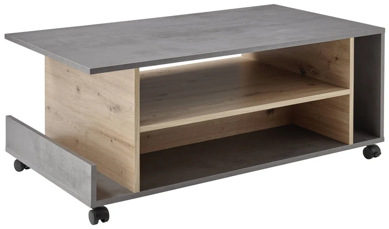 Couchtisch HARVEY 108 x 60 mit Rollen Optik: Betongrau / Artisan Eiche