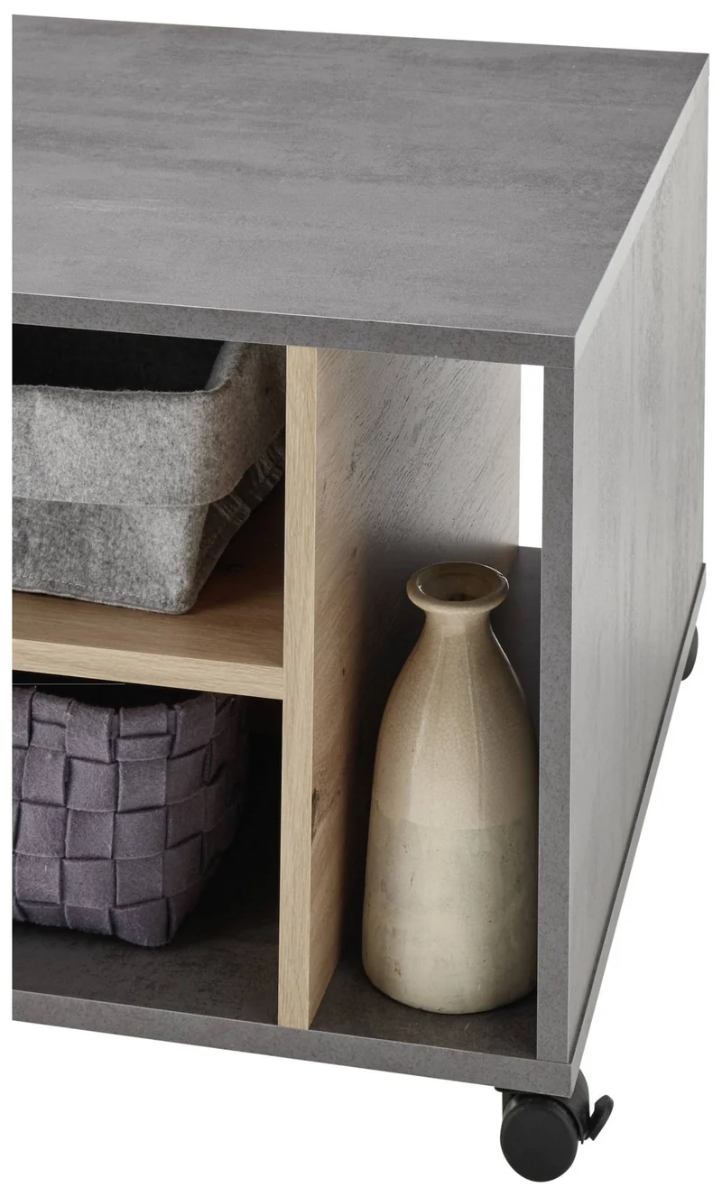 Couchtisch HARVEY 108 x 60 mit Rollen Optik: Betongrau / Artisan Eiche