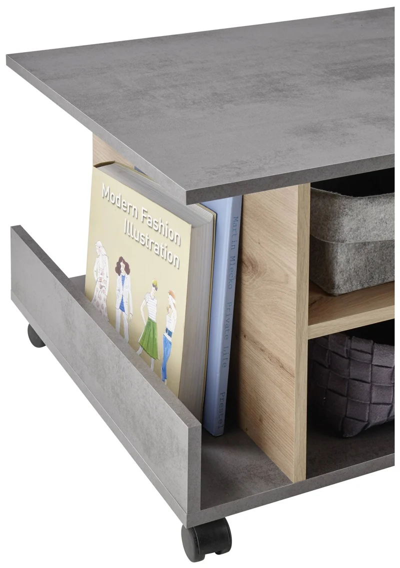 Couchtisch HARVEY 108 x 60 mit Rollen Optik: Betongrau / Artisan Eiche
