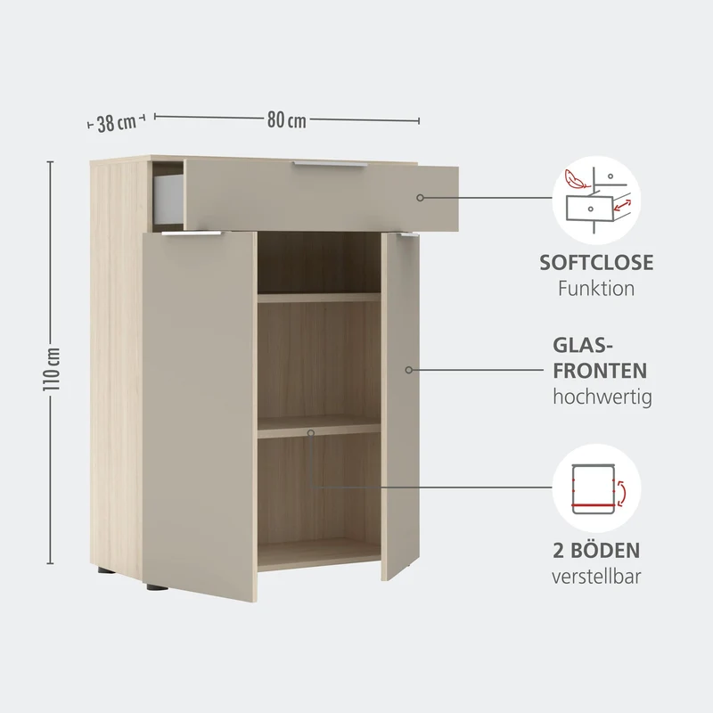 Büroschrank SANTORIN Riva Eiche & Glas Cashmere 110 cm Hoch