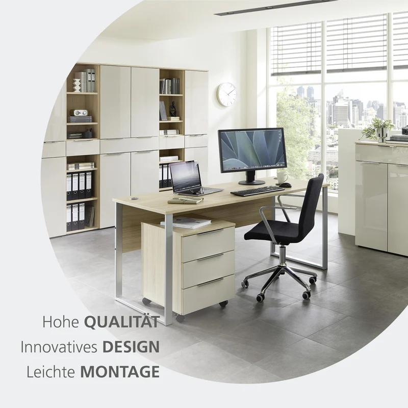 Schmales Büroregal SANTORIN Riva Eiche 6 Fächer & Schubkasten