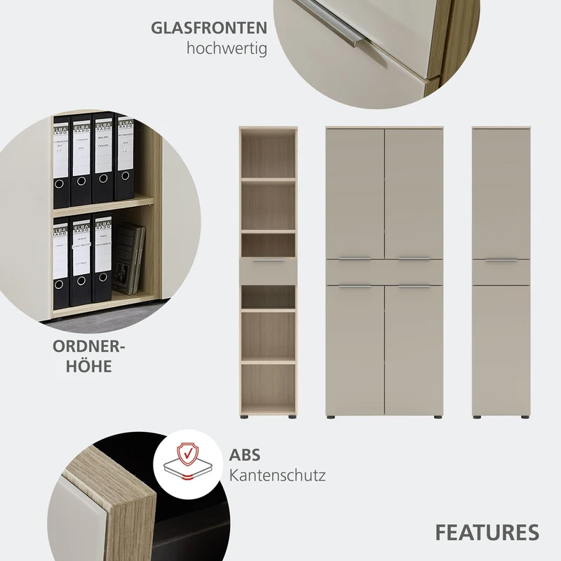 Büroschrank SANTORIN 80x198 cm Riva Eiche & Glas Cashmere Hochglanz