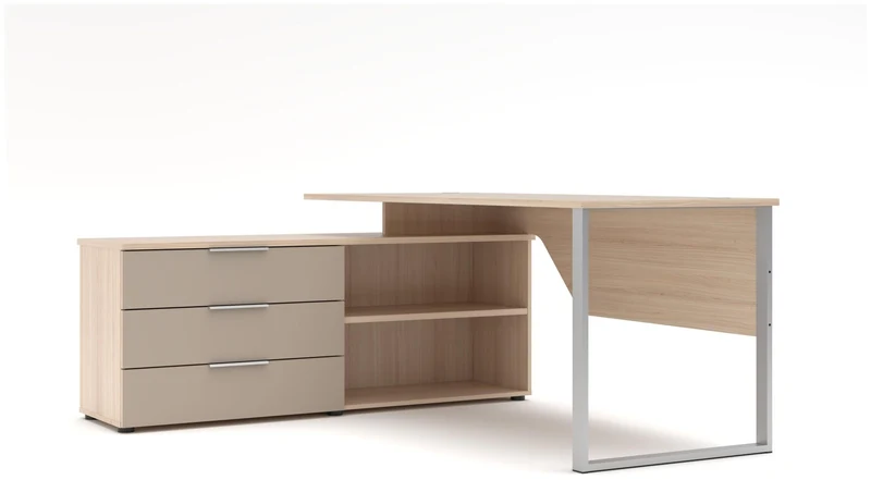 Winkel Schreibtisch SANTORIN Riva Eiche & Glas Cashmere 180 x 160 cm