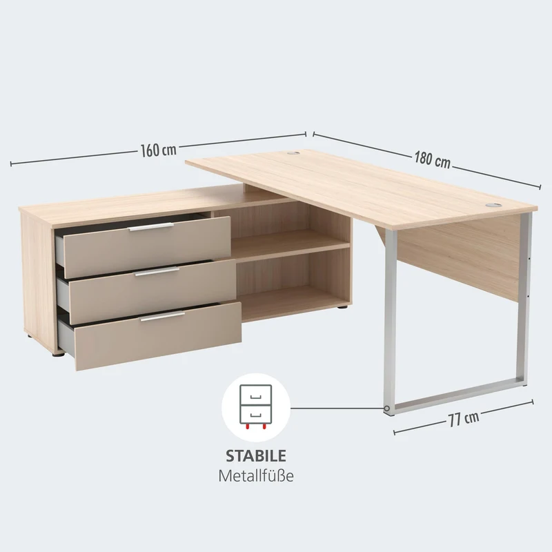 Winkel Schreibtisch SANTORIN Riva Eiche & Glas Cashmere 180 x 160 cm