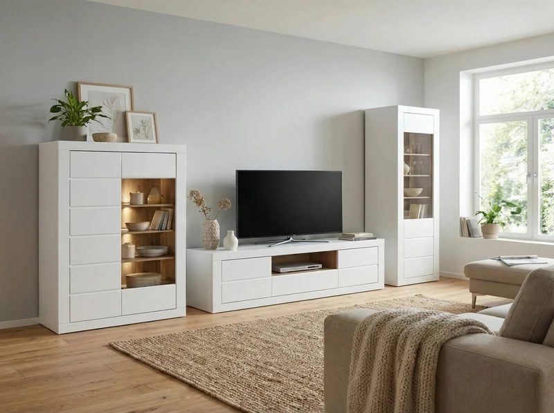 Wohnzimmerschrank LEFKADAS 2 mit Highboard, Weiss, Forte