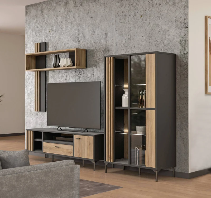 Wohnzimmerschrank JOAKIMIS, 3-tlg. Schwarz/Mauvella Eiche