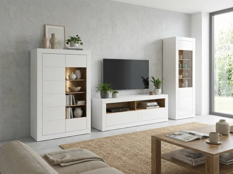 Wohnzimmerschrank LEFKADAS 1 mit Highboard, Weiss, Forte