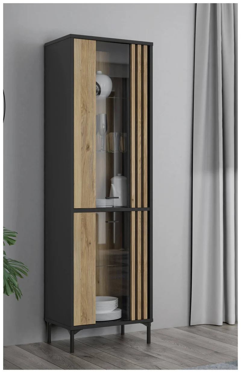 Vitrine JOAKIMIS mit 2 Türen in Schwarz / Mauvella Eiche Optik, Forte