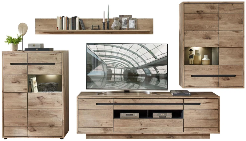 Wohnzimmerschrank BELLANO HH82, 4-teilig Viking Oak mit LED