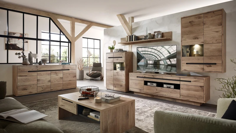 Wohnzimmerschrank BELLANO HH82, 4-teilig Viking Oak mit LED