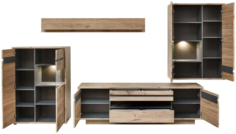 Wohnzimmerschrank BELLANO HH82, 4-teilig Viking Oak mit LED