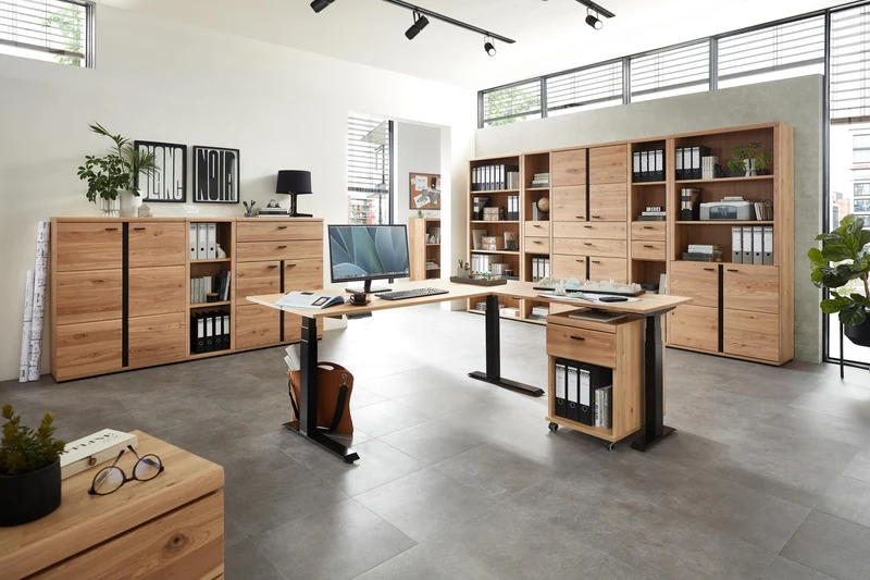 Höhenverstellbarer Eckschreibtisch SONOS Altesche furniert 185 x 177cm
