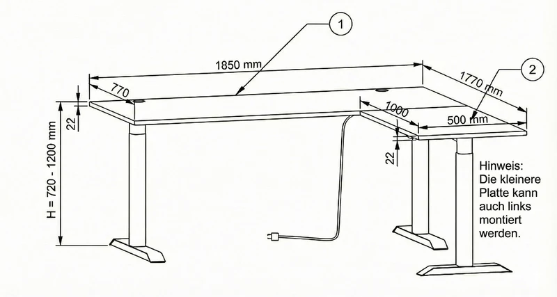 Höhenverstellbarer Eckschreibtisch SONOS Altesche furniert 185 x 177cm