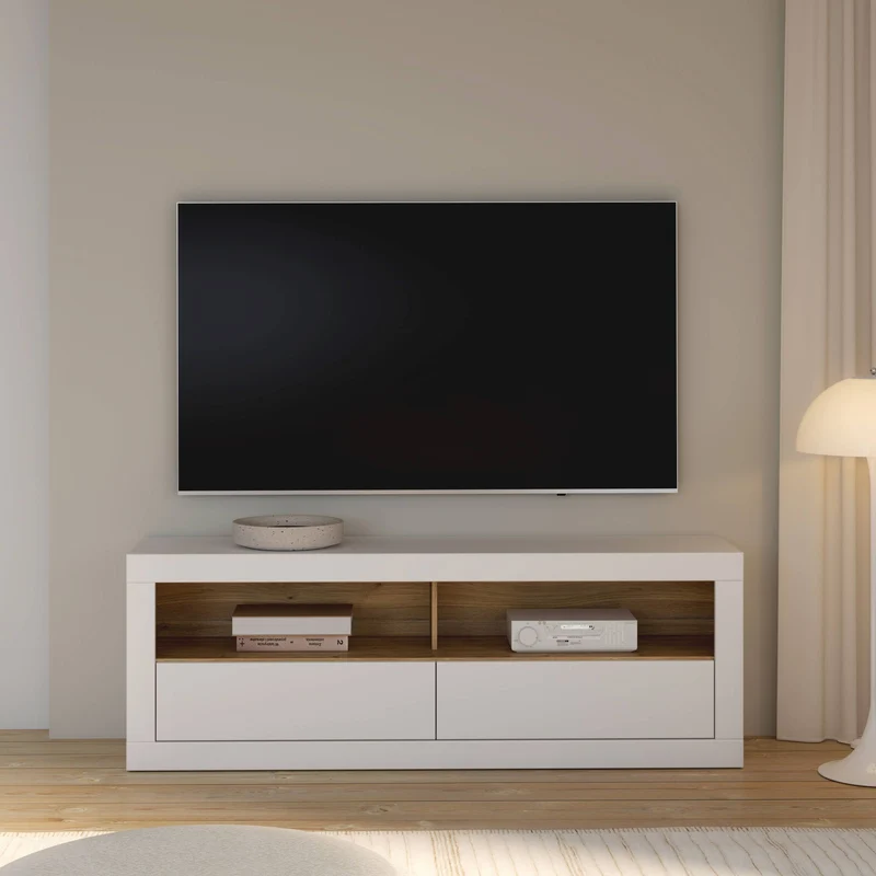 TV-Board LEFKADAS Lowboard Weiß seidenmatt 2 Schubladen von Forte