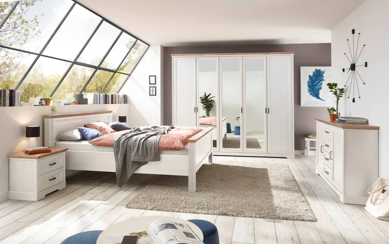 Kleiderschrank JASMIN 5 Türen mit Spiegel Pinie weiß Nachbildung
