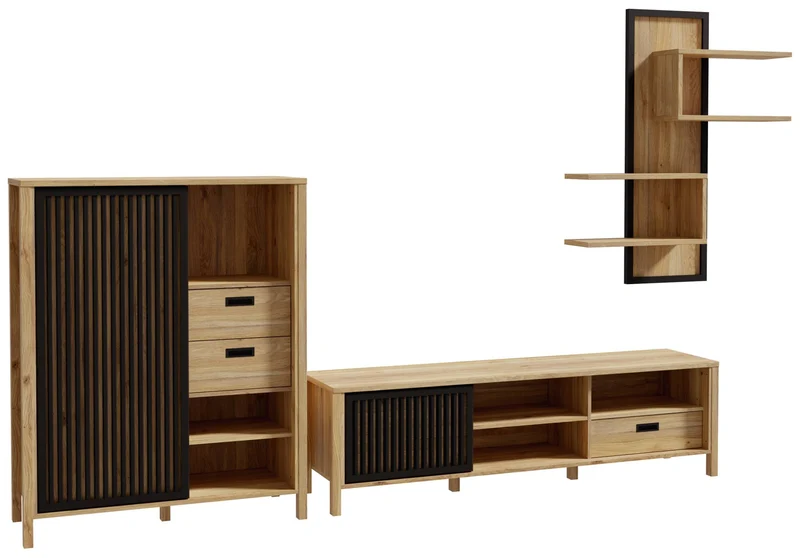 Wohnzimmerschrank JYTANA, 3-tlg., Mauvella Eiche/Schwarz