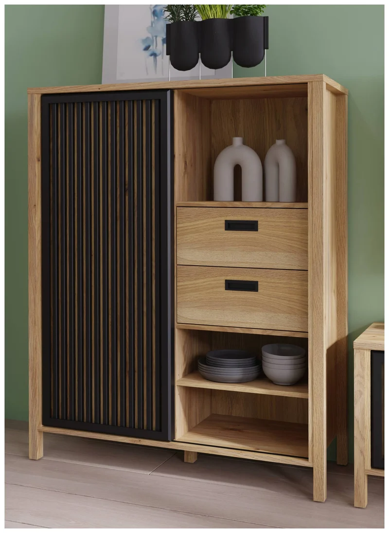 Highboard JYTANA 2 Schubladen 1 Tür in Mauvella Eiche Optik /Schwarz