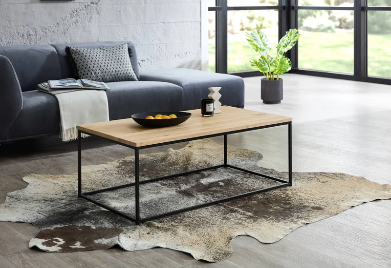 Couchtisch THOR 110 x 60 cm Platte Eiche geölt Metallgestell schwarz