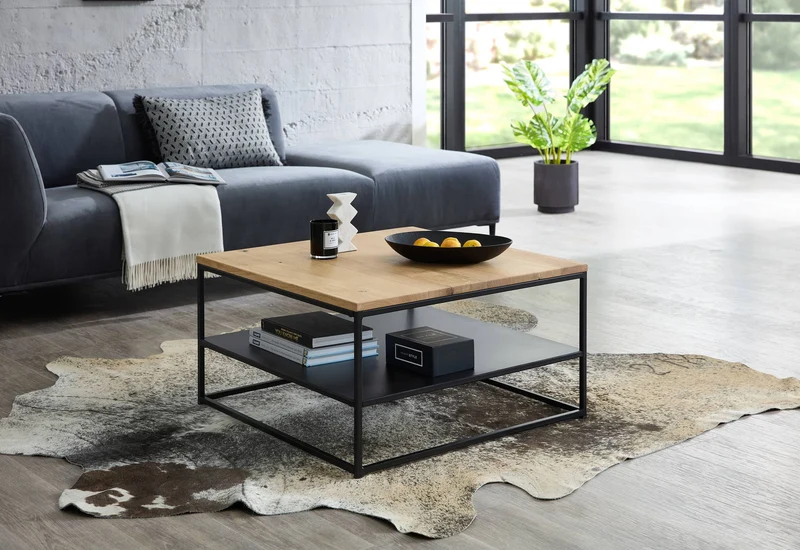 Couchtisch TILDA 75 x 75 Platte Eiche geölt Metallgestell mit Ablage