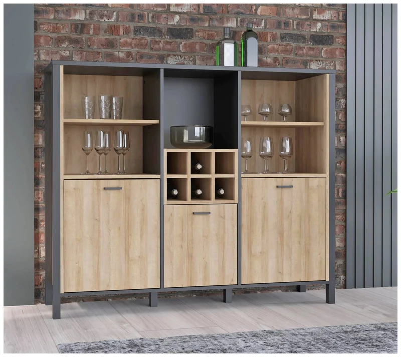 Highboard Regal HIGH ROCK 3-trg mit Regal Riviera Eiche Optik /Schwarz