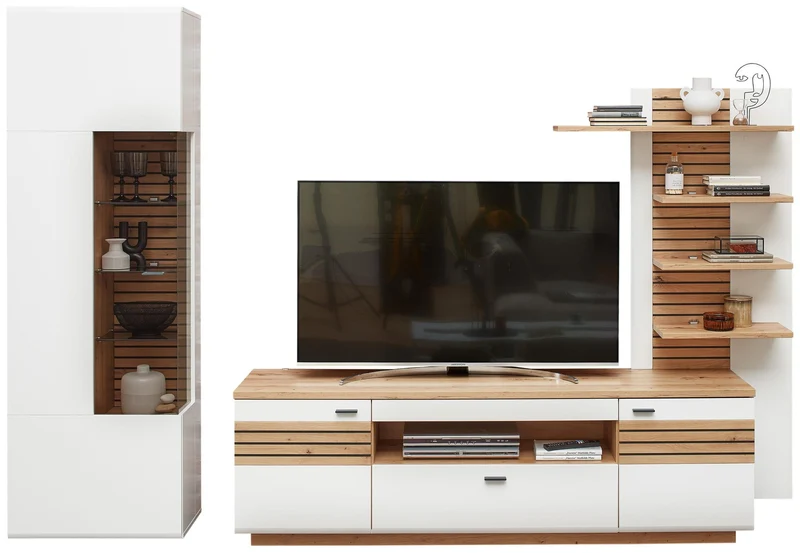 Wohnzimmerschrank FRESNO 3-teilig, montiert, Weiss & Eiche