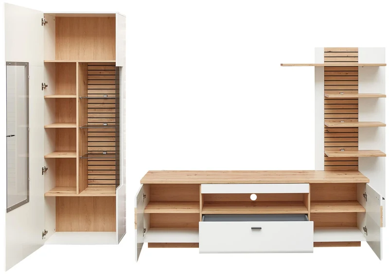 Wohnzimmerschrank FRESNO 3-teilig, montiert, Weiss & Eiche