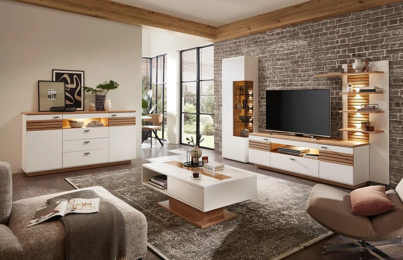 Wohnzimmerschrank FRESNO 3-teilig, montiert, Weiss & Eiche
