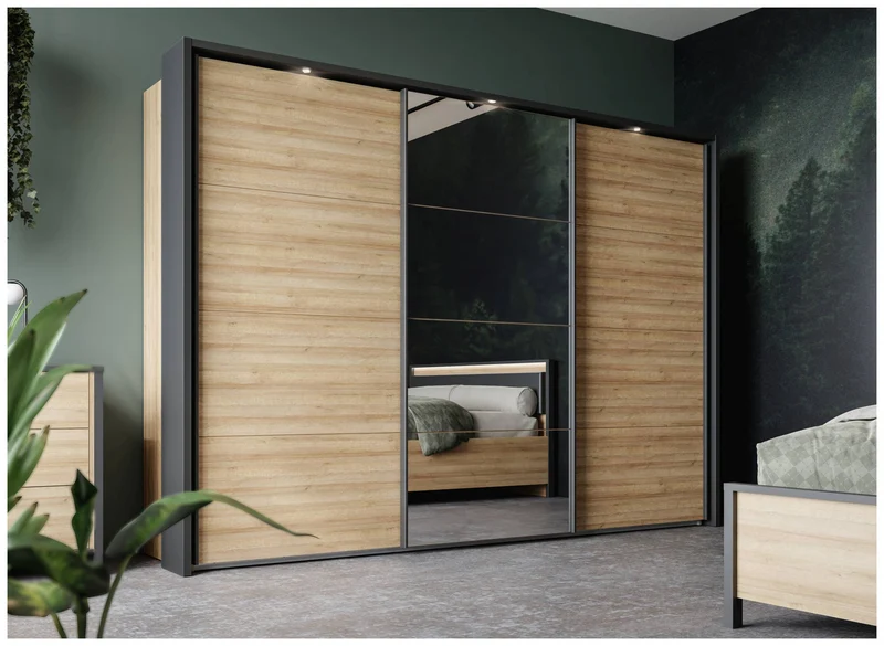 Kleiderschrank HIGH ROCK 3 Schwebetüren Riviera Eiche Optik / Schwarz