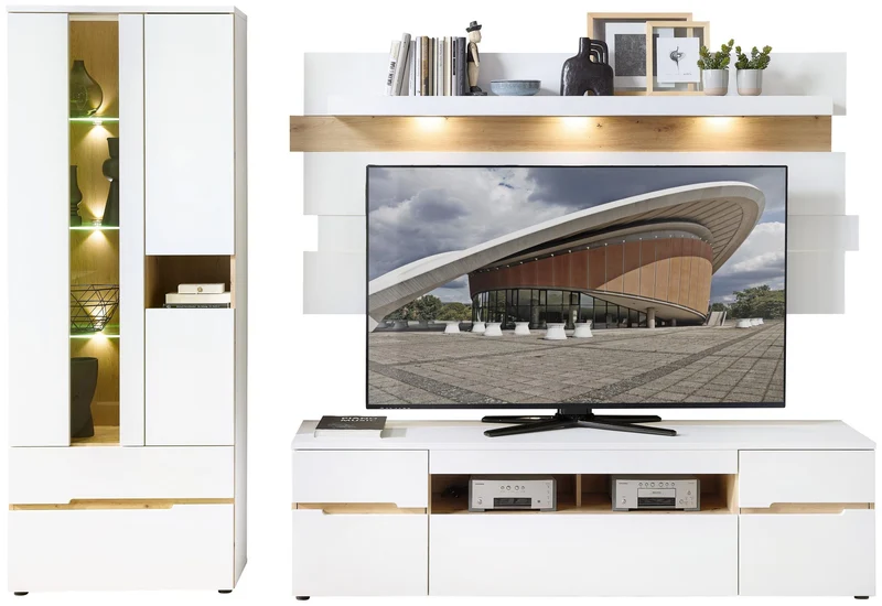 Wohnzimmerschrank MEMPHIS 3-teilig Weiss & Artisan Eiche