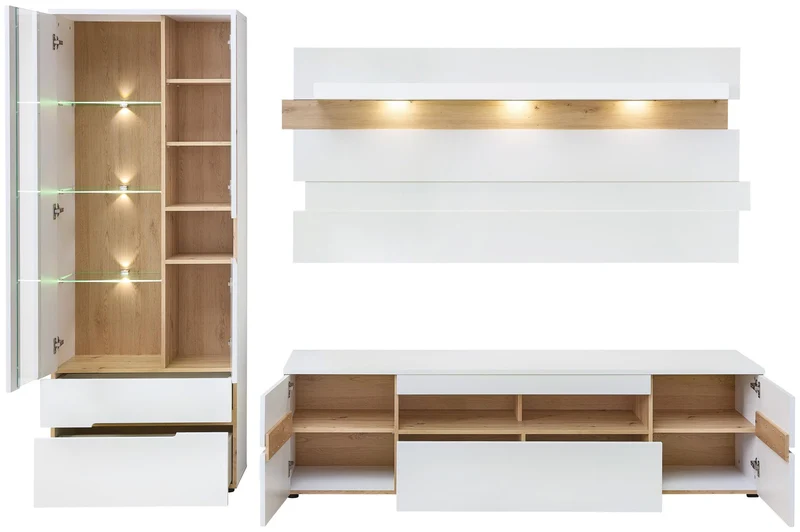 Wohnzimmerschrank MEMPHIS 3-teilig Weiss & Artisan Eiche