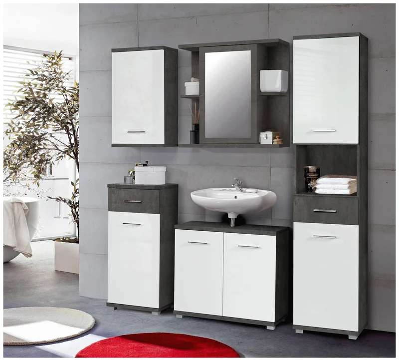 Badezimmer Badmöbel Set CHAMP, 5-tlg., Betongrau Front weiß Hochglanz