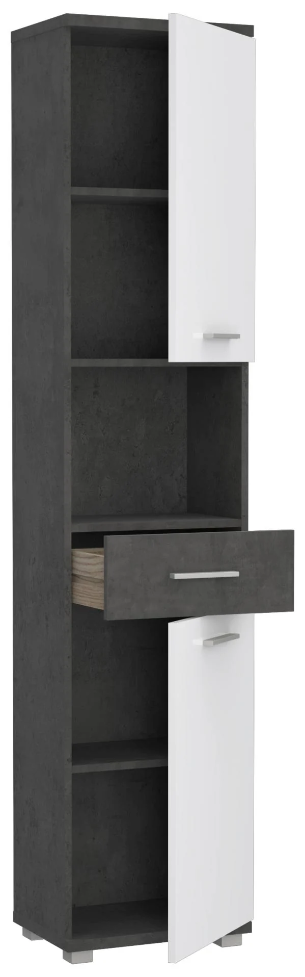 Badezimmer Badmöbel Set CHAMP, 5-tlg., Betongrau Front weiß Hochglanz