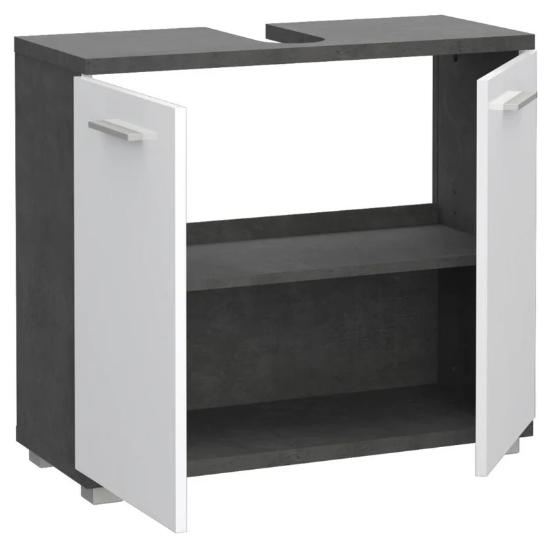 Badezimmer Badmöbel Set CHAMP, 5-tlg., Betongrau Front weiß Hochglanz