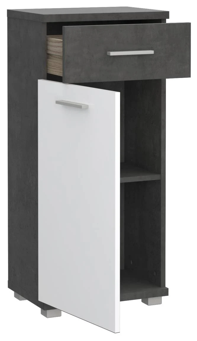 Badezimmer Badmöbel Set CHAMP, 5-tlg., Betongrau Front weiß Hochglanz