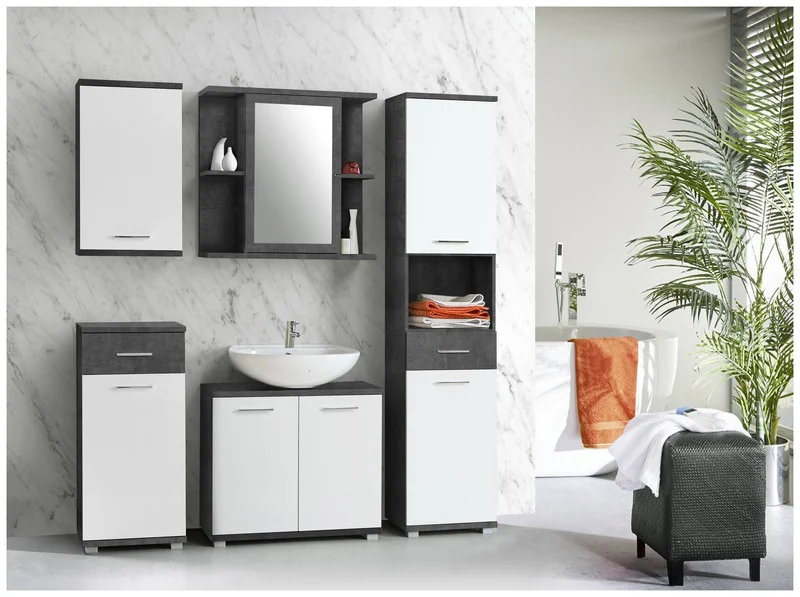 Badezimmer Hängeschrank CHAMP Optik: Beton Dunkelgrau / Weiß glänzend