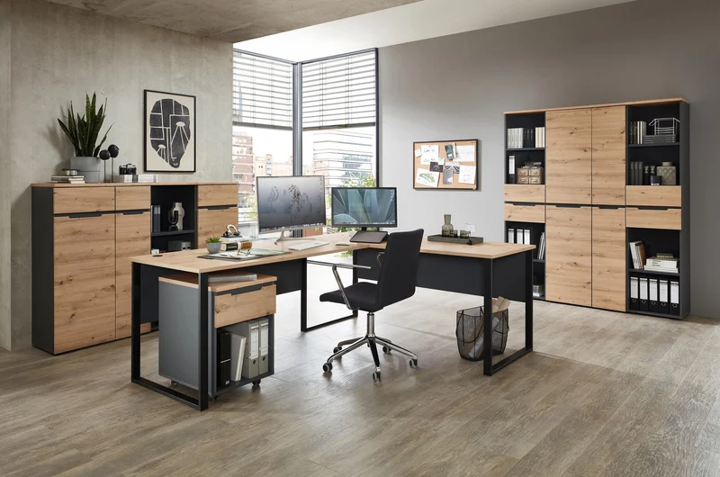 Büroregal MEMPHIS mit 2 Schubkästen Front Artisan Eiche Korpus Graphit