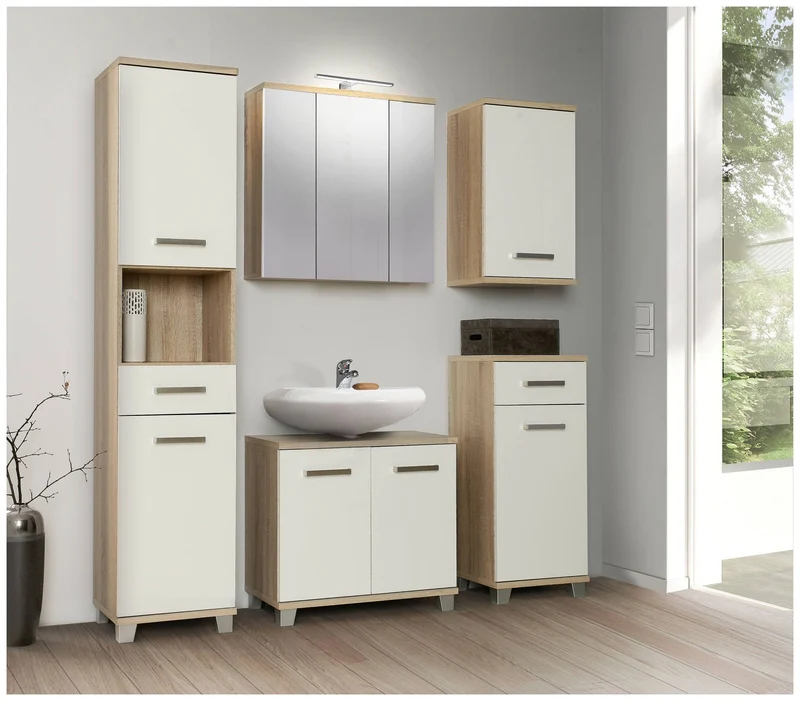 Badezimmer Kommode VERIS 1 Tür Sonoma Eiche / Weiß glänzend