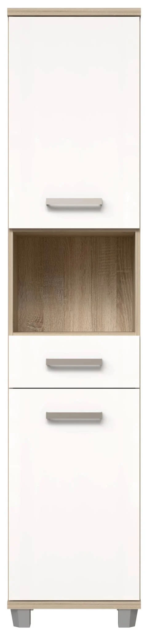 Badezimmer-Hochschrank VERIS 2 Türen Sonoma Eiche / Weiß glänzend