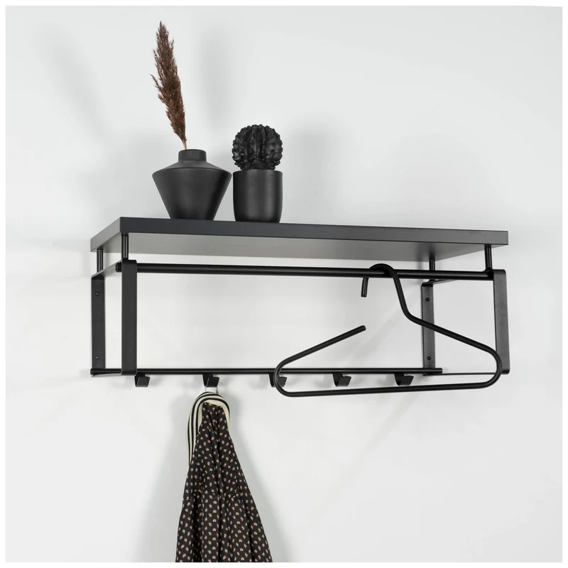 Wandgarderobe REX 3 Schwarz, Garderobe mit 5 Haken und Hutablage